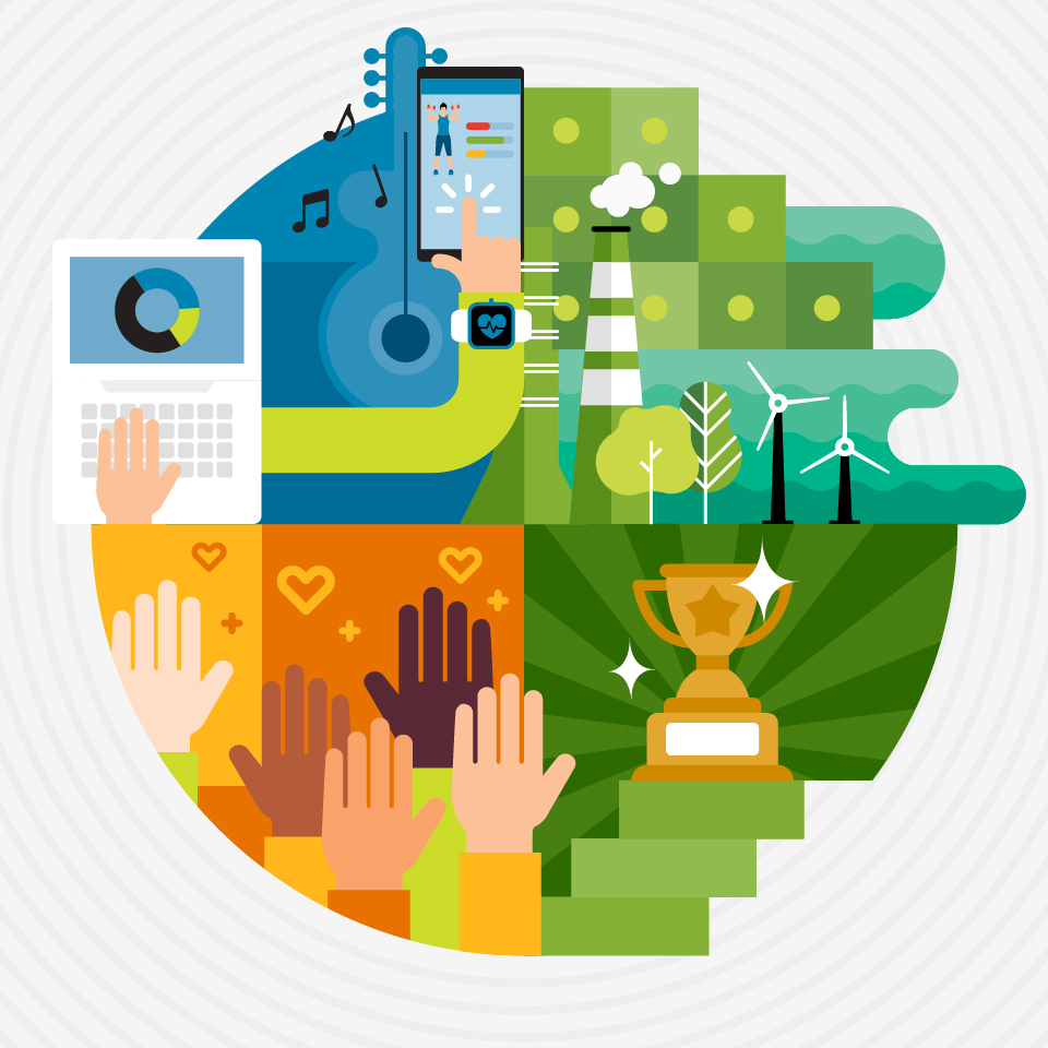 Graphic depicting the benefits, awards & recognition, philanthropy, and environmental commitment at Juniper Networks Graphic depicting the benefits, awards & recognition, philanthropy, and environmental commitment at Juniper Networks